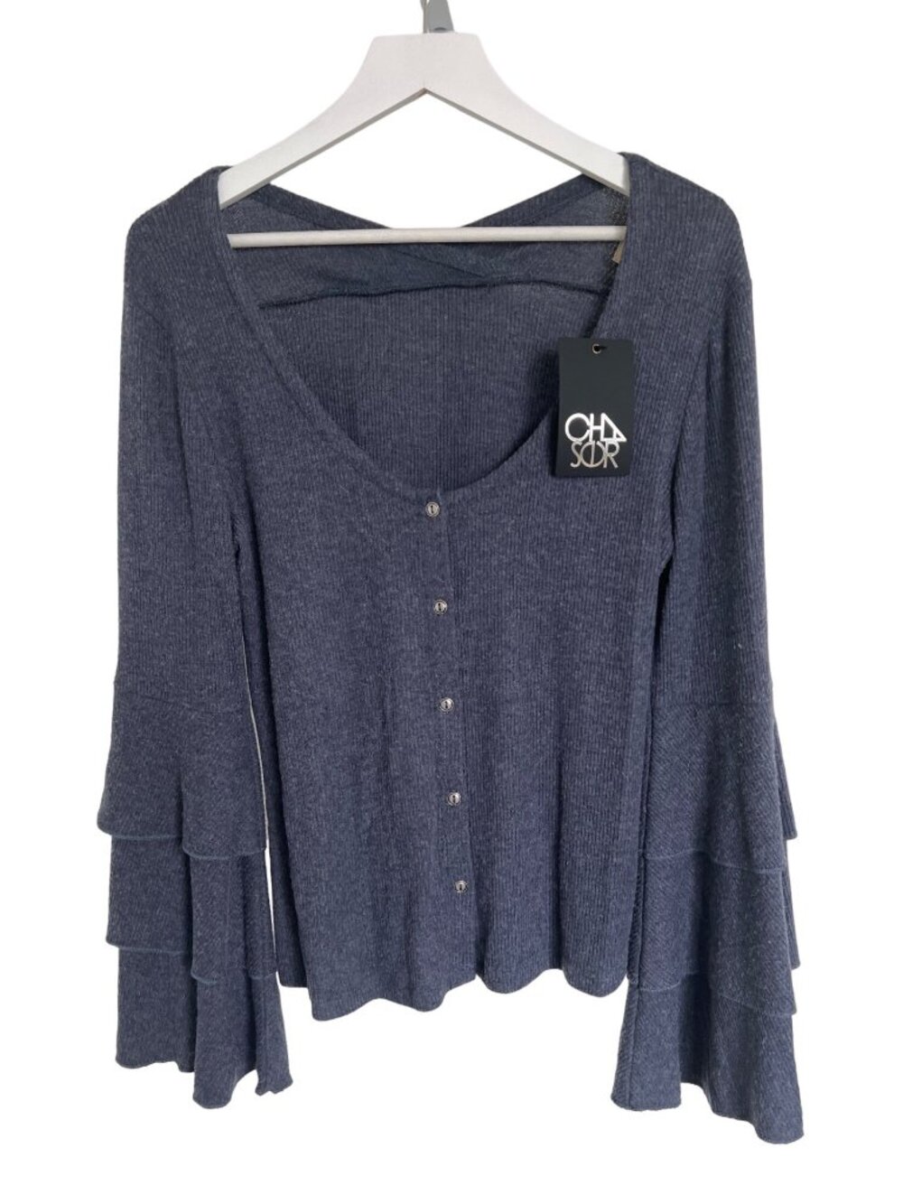 Chaser Navy Blue Bell Sleeve Blouse Ribbed Button Front